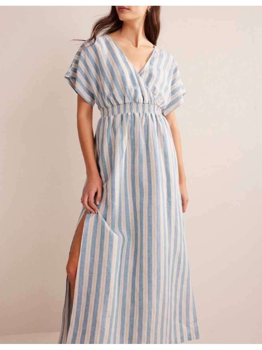 Nwt Boden Linen Kaftan Maxi Dress Striped Short Sleeve In Blue Size Us 10